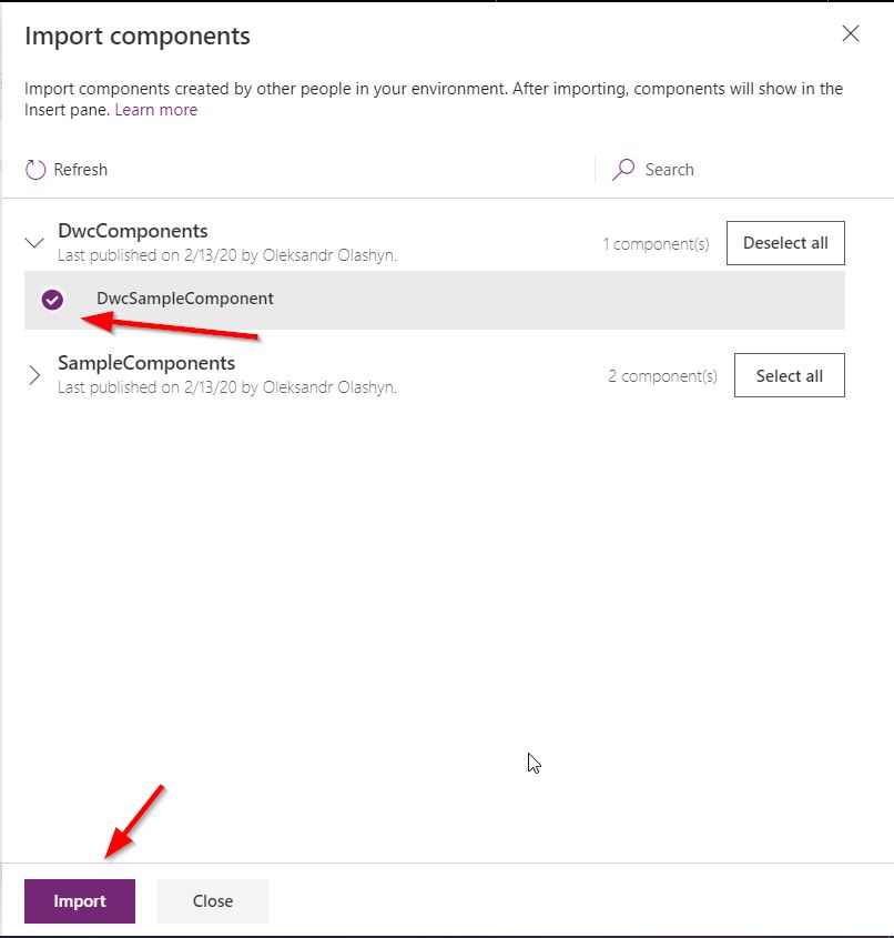 Import Components Pane