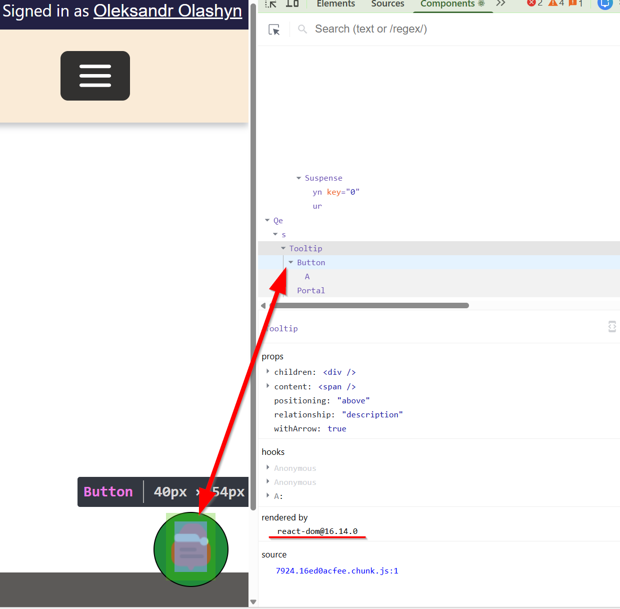 Chat button rendered via React