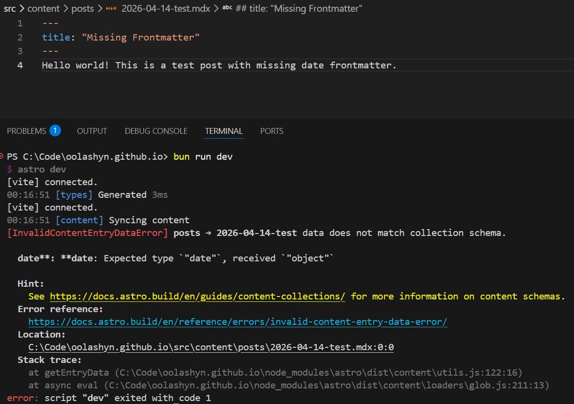 Content Collections Frontmatter Error Example